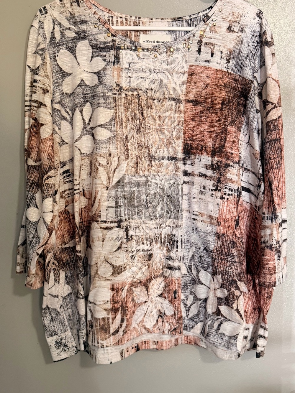 Alfred Dunner Floral Patchwork Long Sleeve Top in White, Brown, Gray